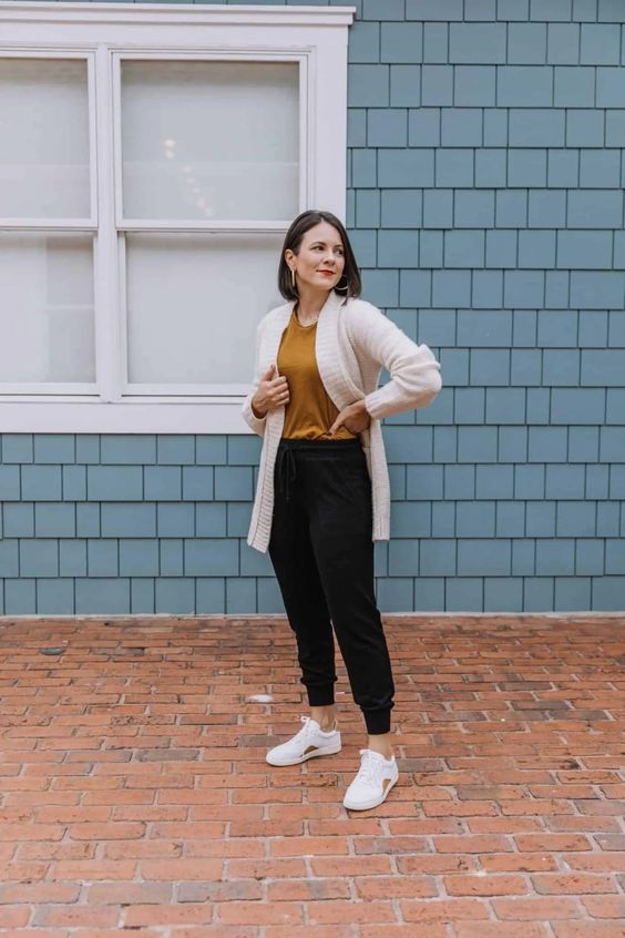 Cozy Cardigan with Black Sweatpants and White Sneakers